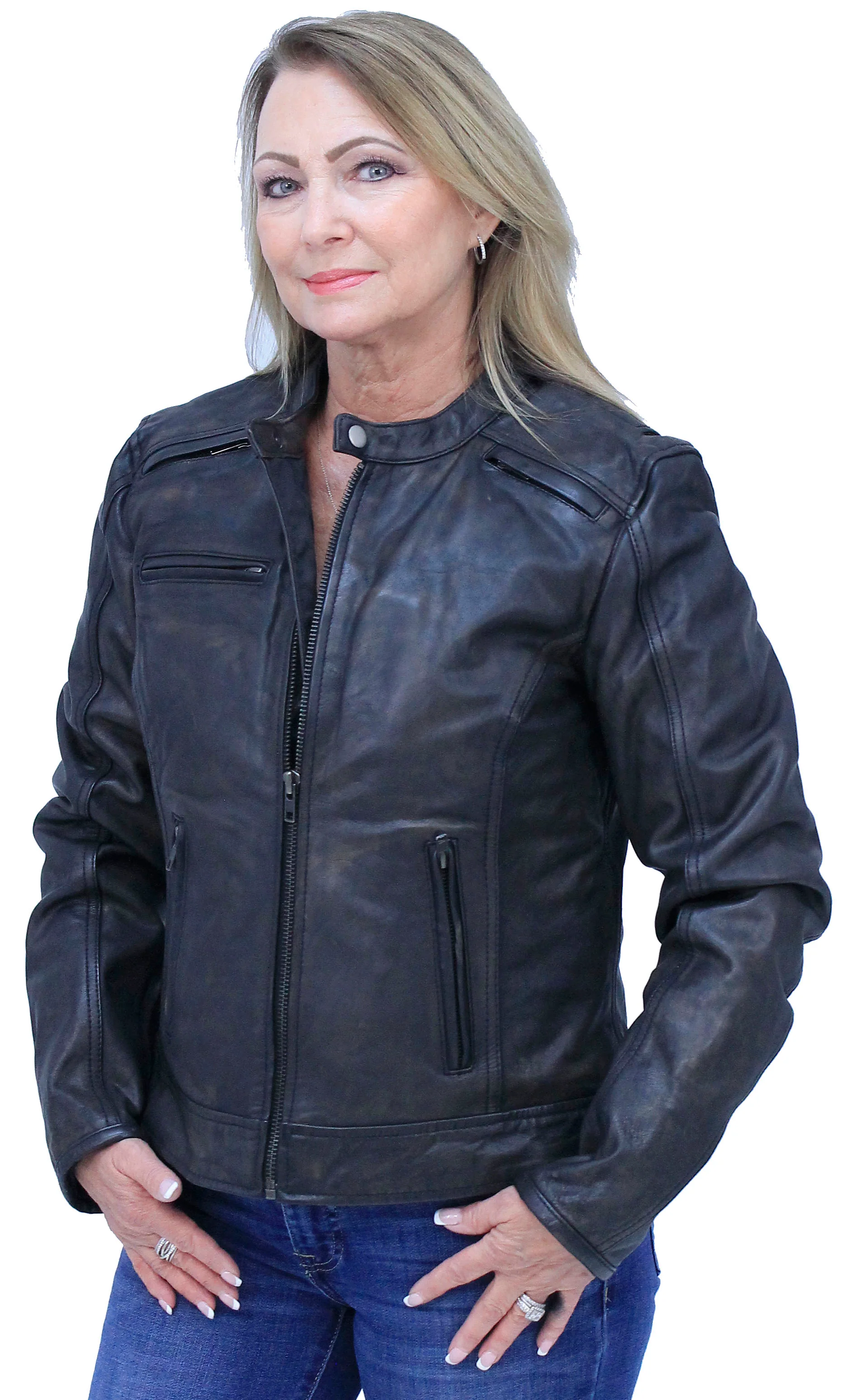 Antiqued Women's Brown Leather Café Racer Jacket #L164VZGN () - Image 4