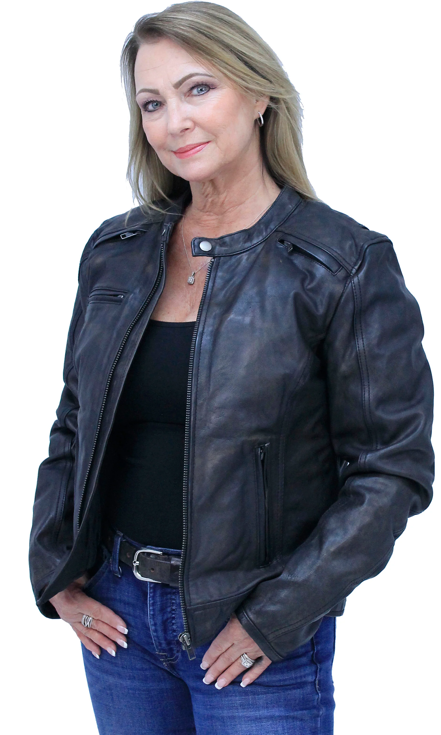 Antiqued Women's Brown Leather Café Racer Jacket #L164VZGN () - Image 7