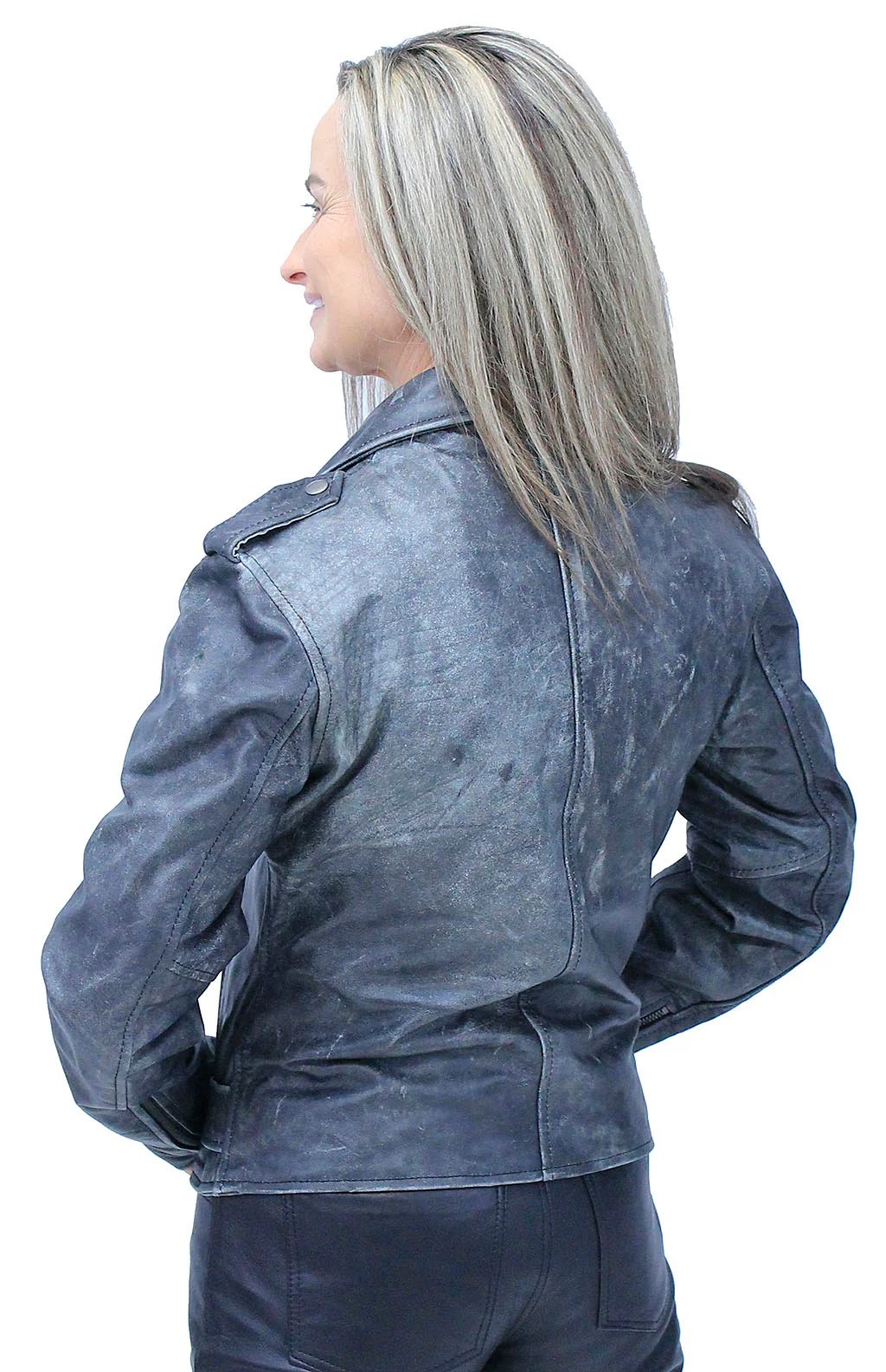 Women's Vintage Gray Leather Motorcycle Jacket #LA68323GY - Image 2